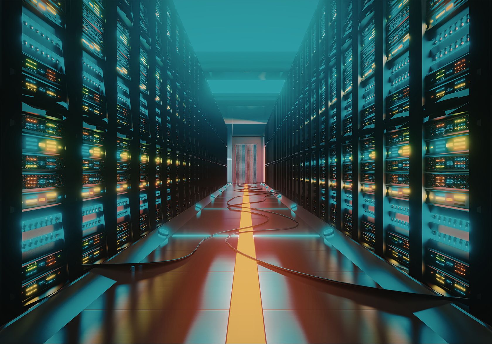 Σύγχρονο data center με racks servers και δικτυακή υποδομή υψηλής διαθεσιμότητας